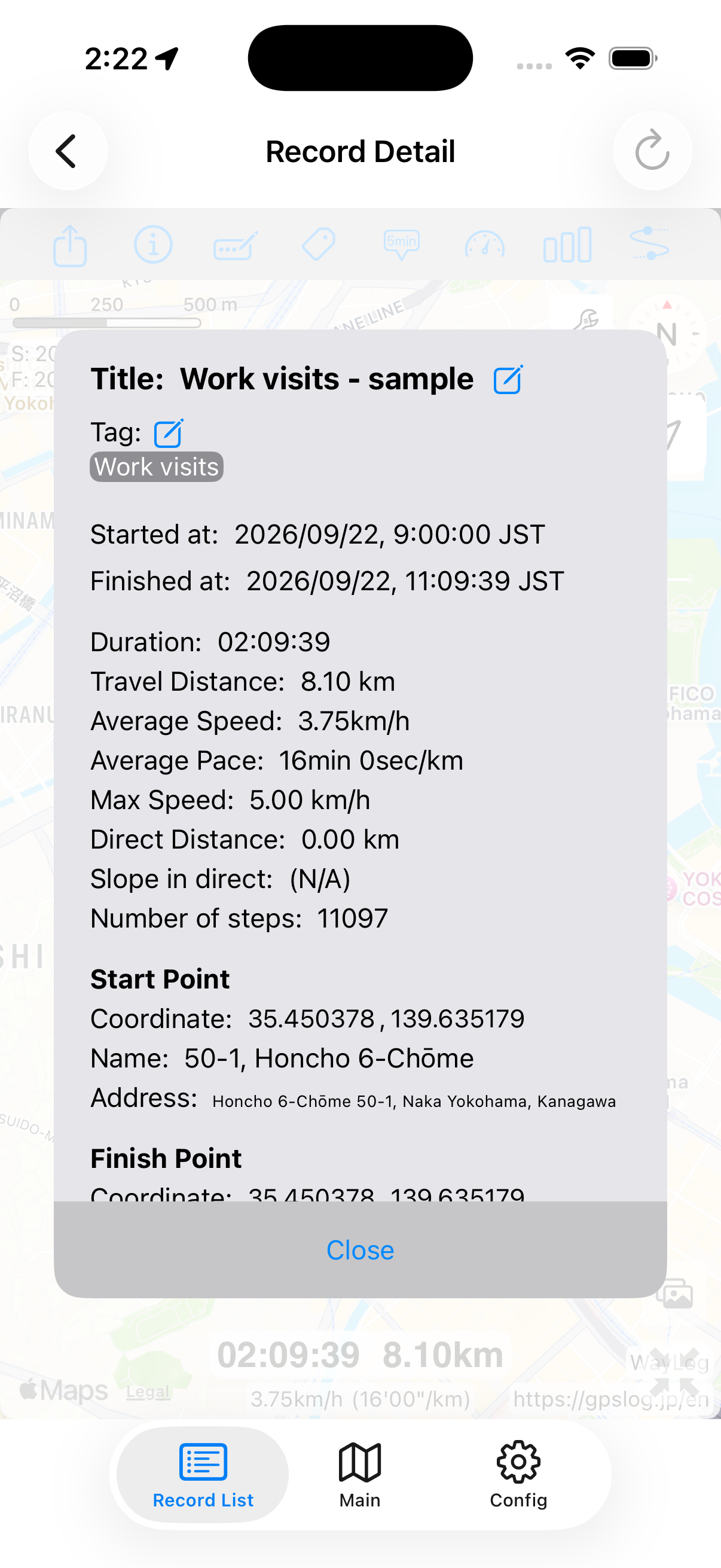 Actual WayLog simulator screen showing details of a synthetic work visit. Routes and values are sample data.