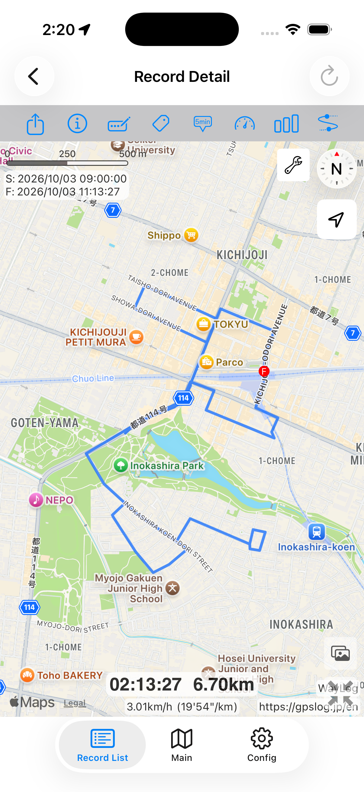 Actual WayLog screen showing a synthetic city walk. Routes and values are sample data.
