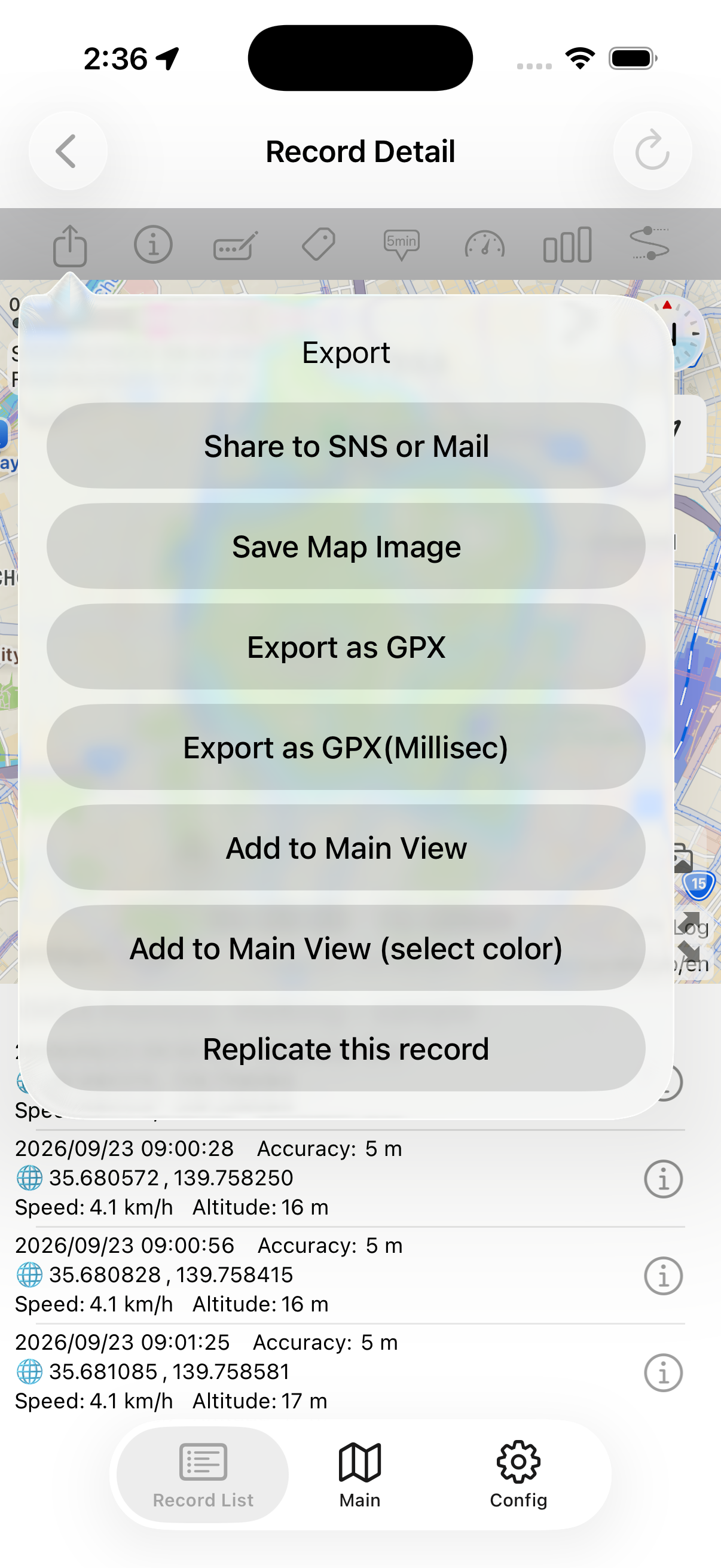 Export menu with sharing, map image saving, GPX export, and past-route overlay options.