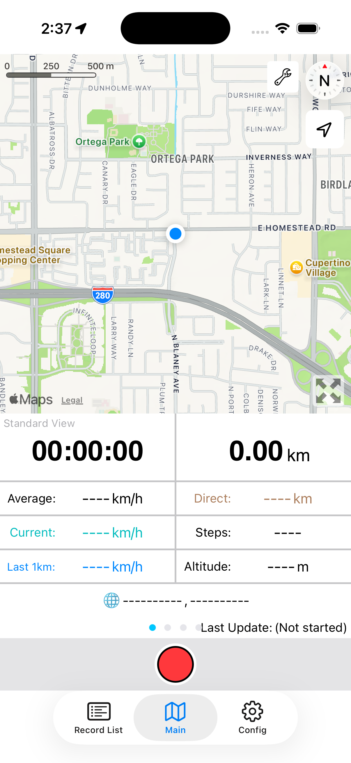 Actual Main screen with the red recording button below the map, time, and distance.