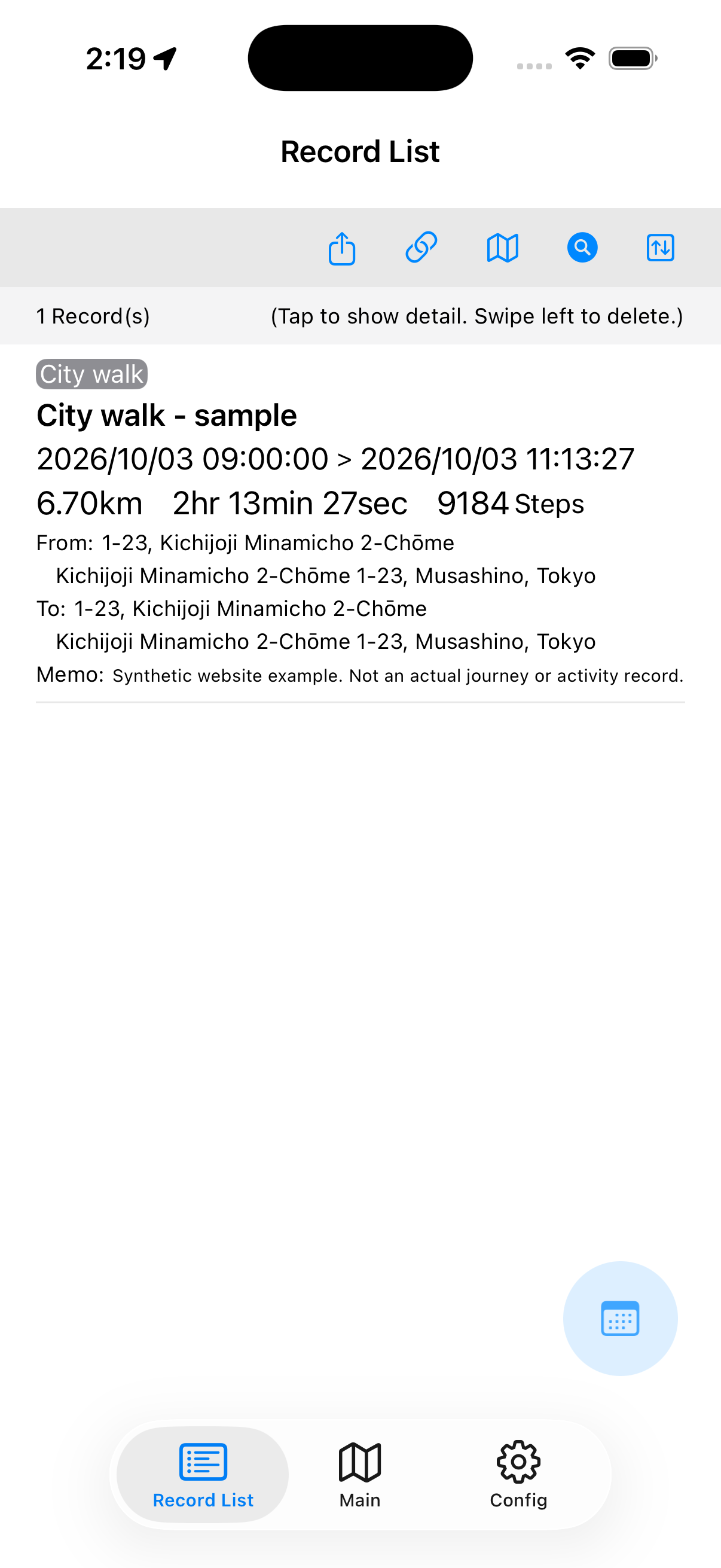 Actual Record List with a saved synthetic example. Tap a record to open its details.