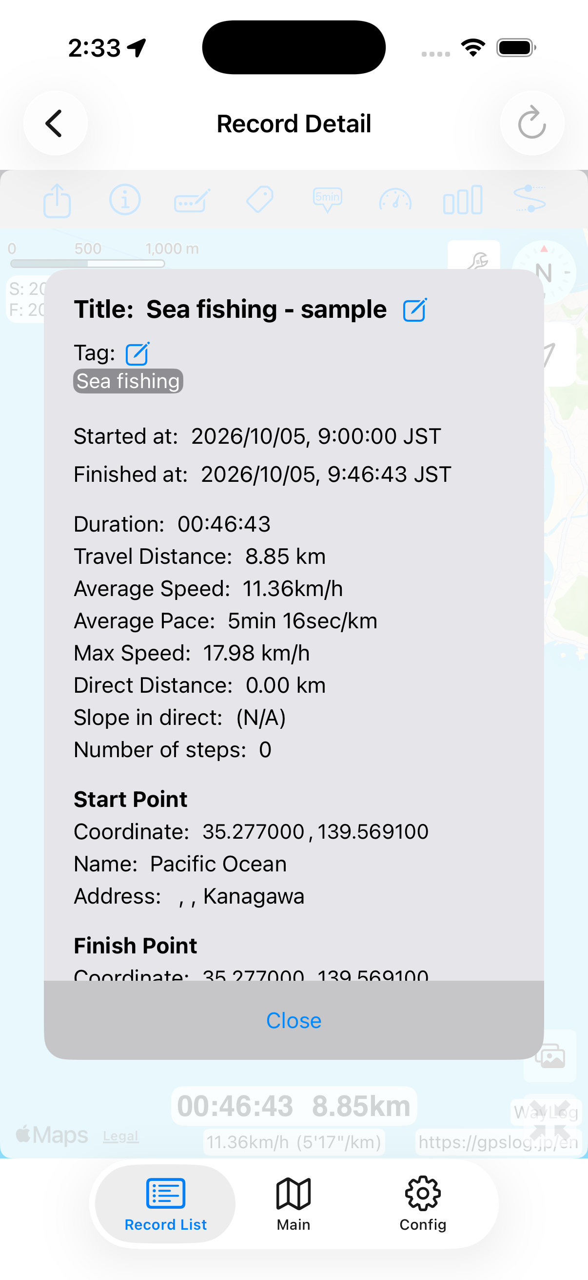 Actual WayLog simulator screen showing details of a synthetic boat fishing trip. Routes and values are sample data.