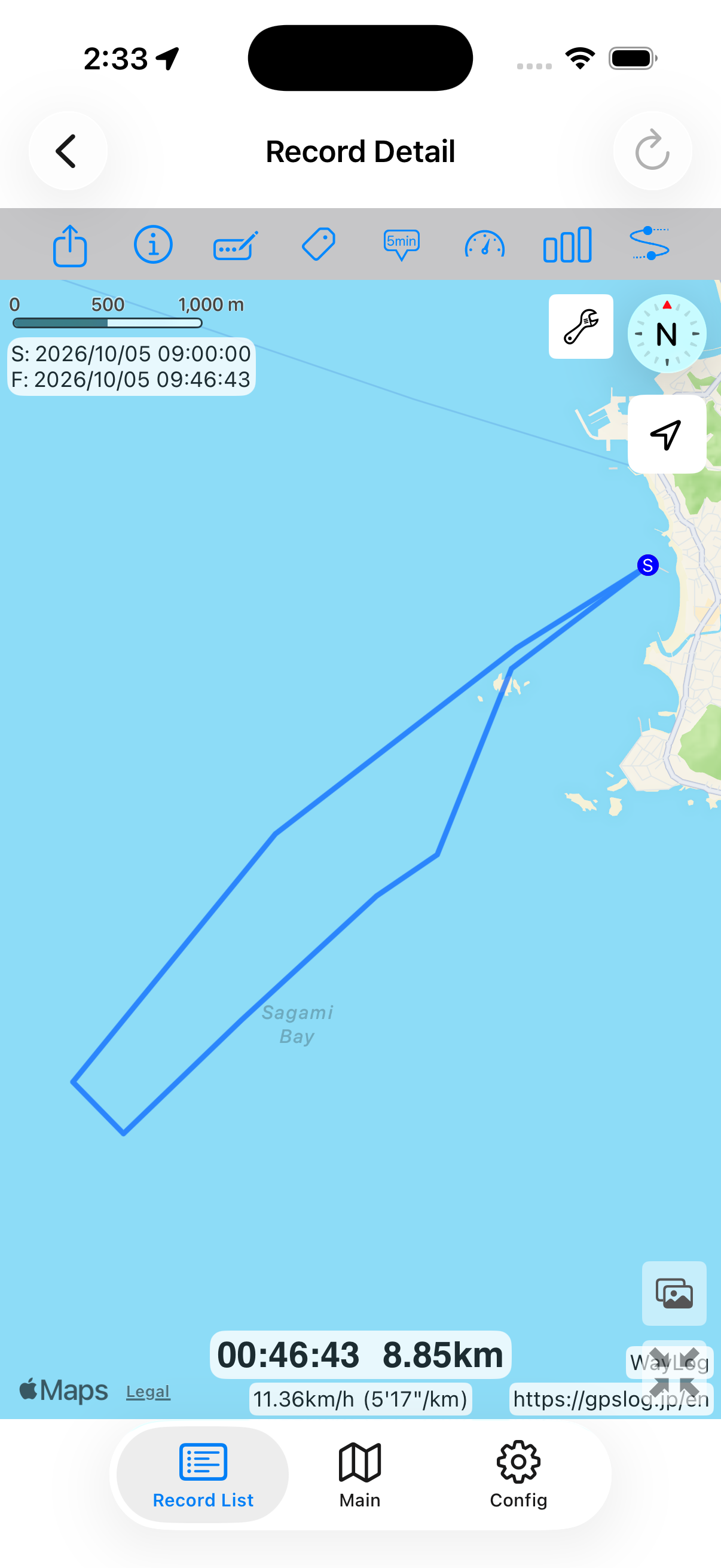 Actual WayLog simulator screen showing a synthetic boat fishing trip. Routes and values are sample data.