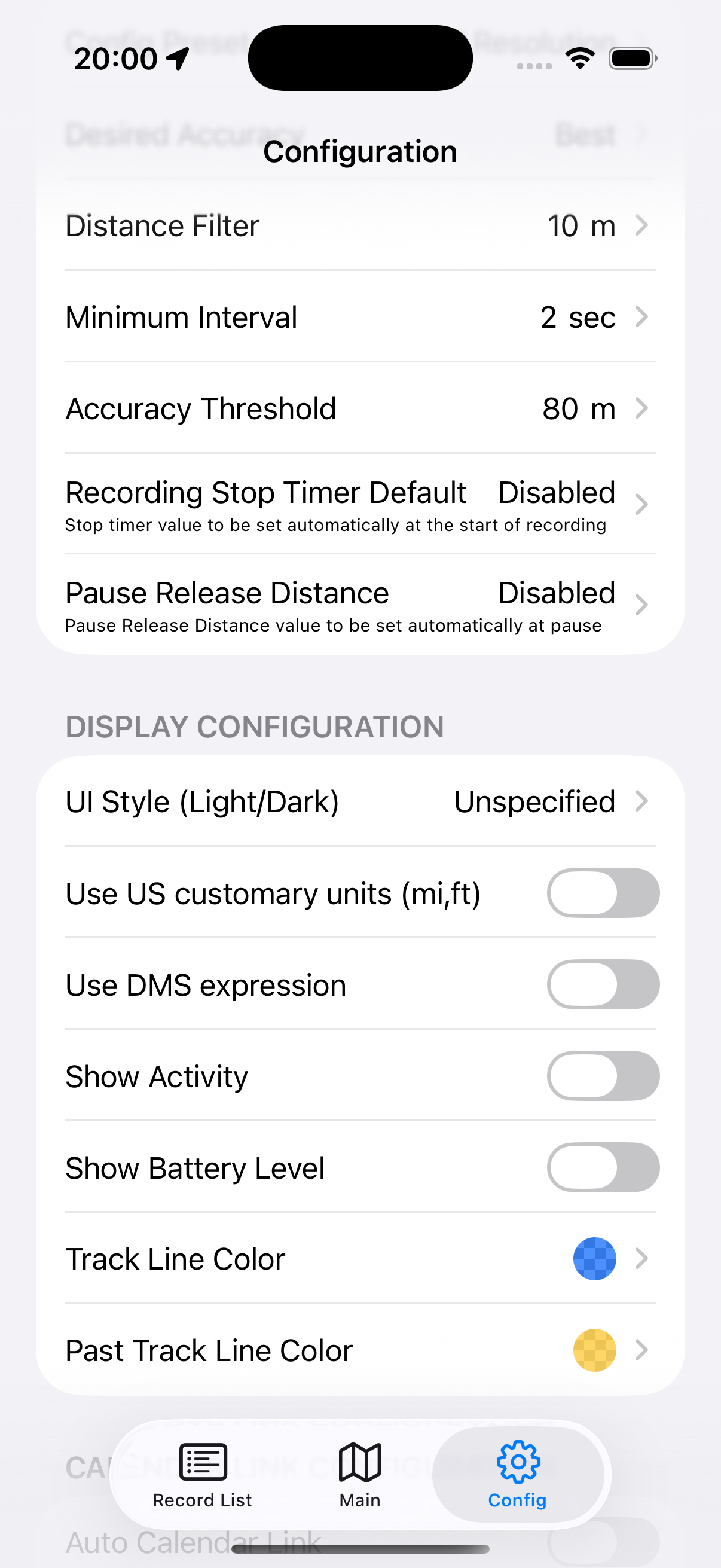 Distance filter, minimum interval, accuracy threshold, stop timer, and pause-release distance in Config.