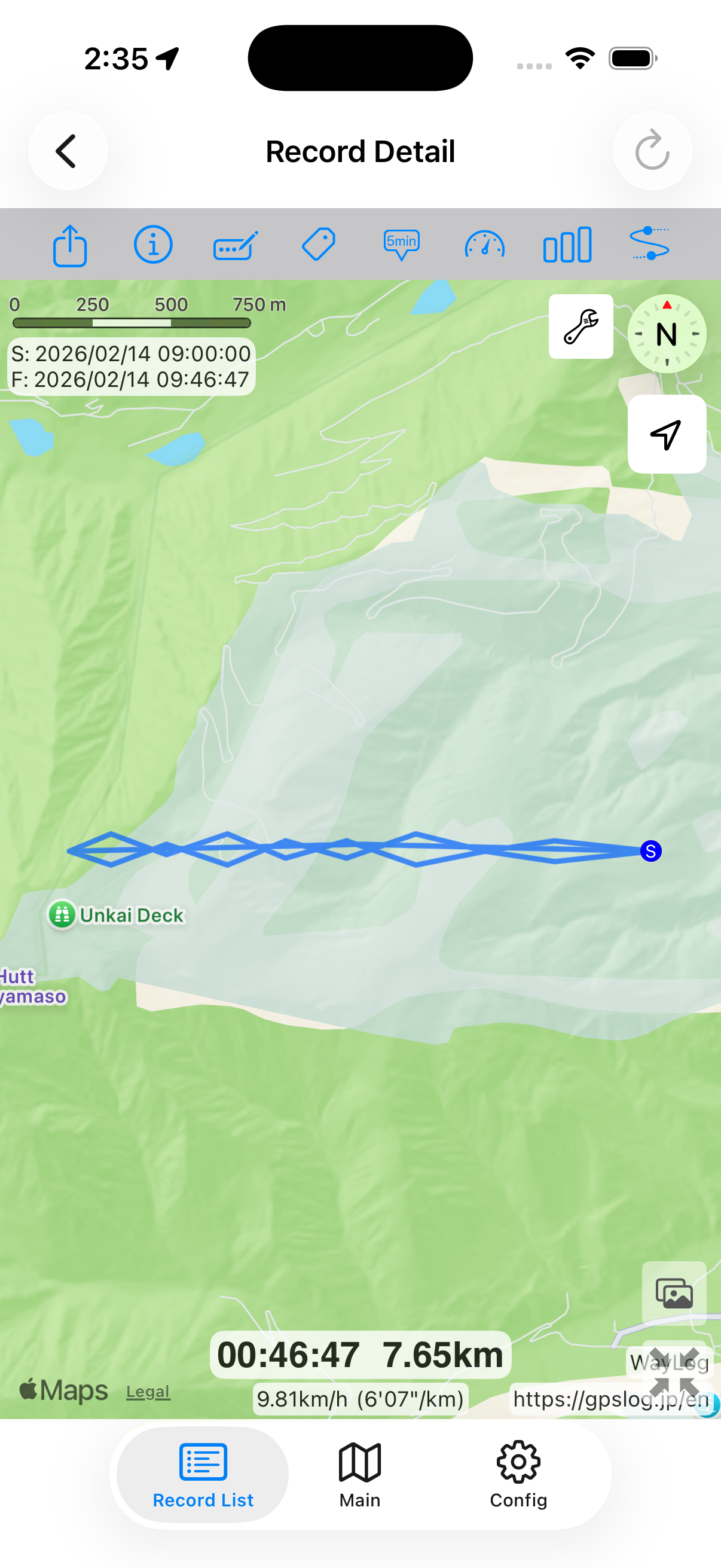 Actual WayLog simulator screen showing a synthetic ski day. Routes and values are sample data.