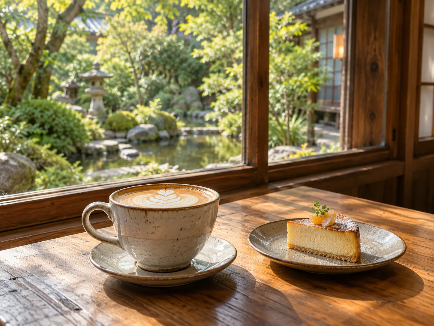 カフェの窓辺に置かれたラテとデザート。生成した仮写真
