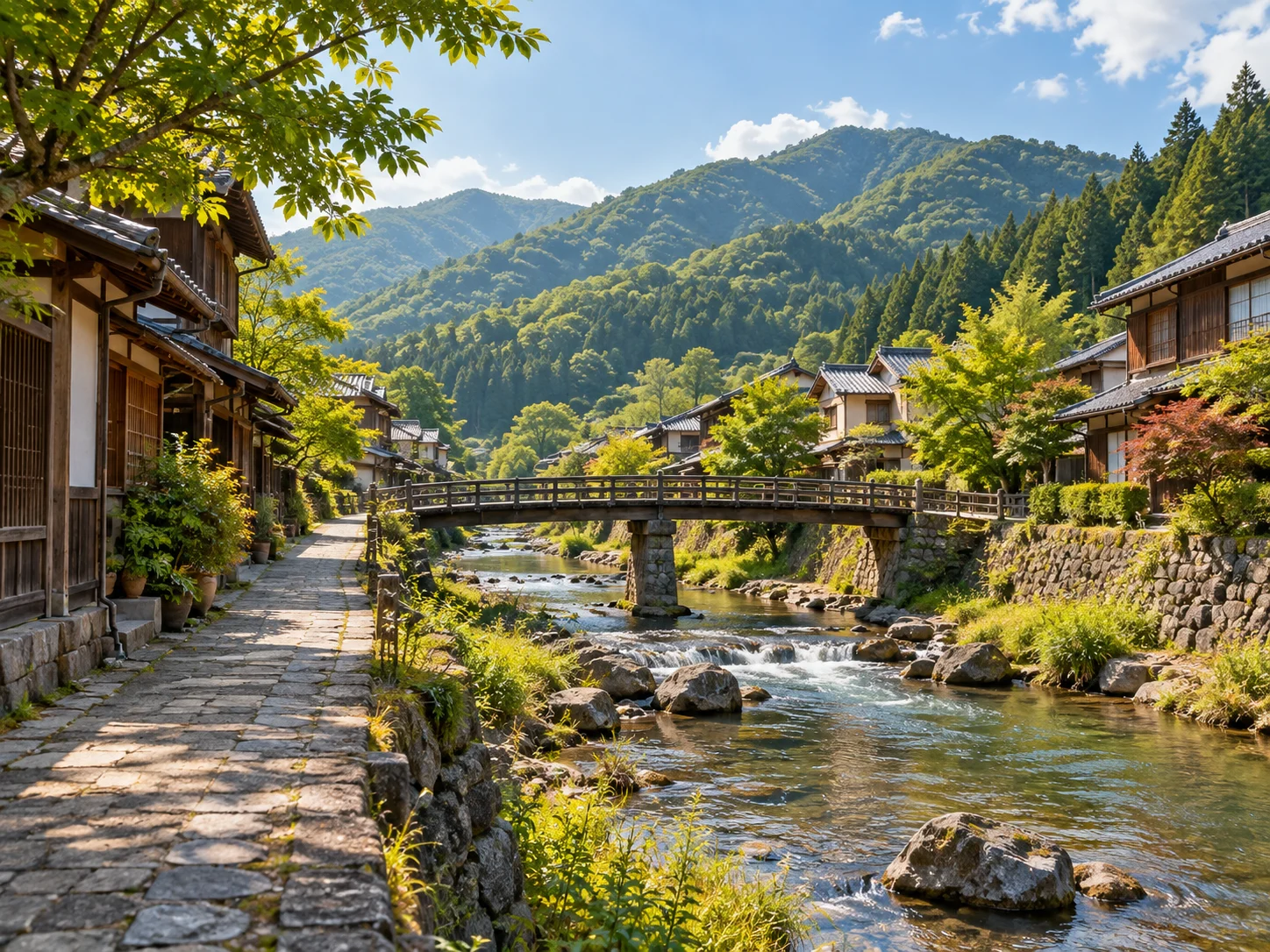 山並みと町並みを見渡す穏やかな川沿い。生成した仮写真